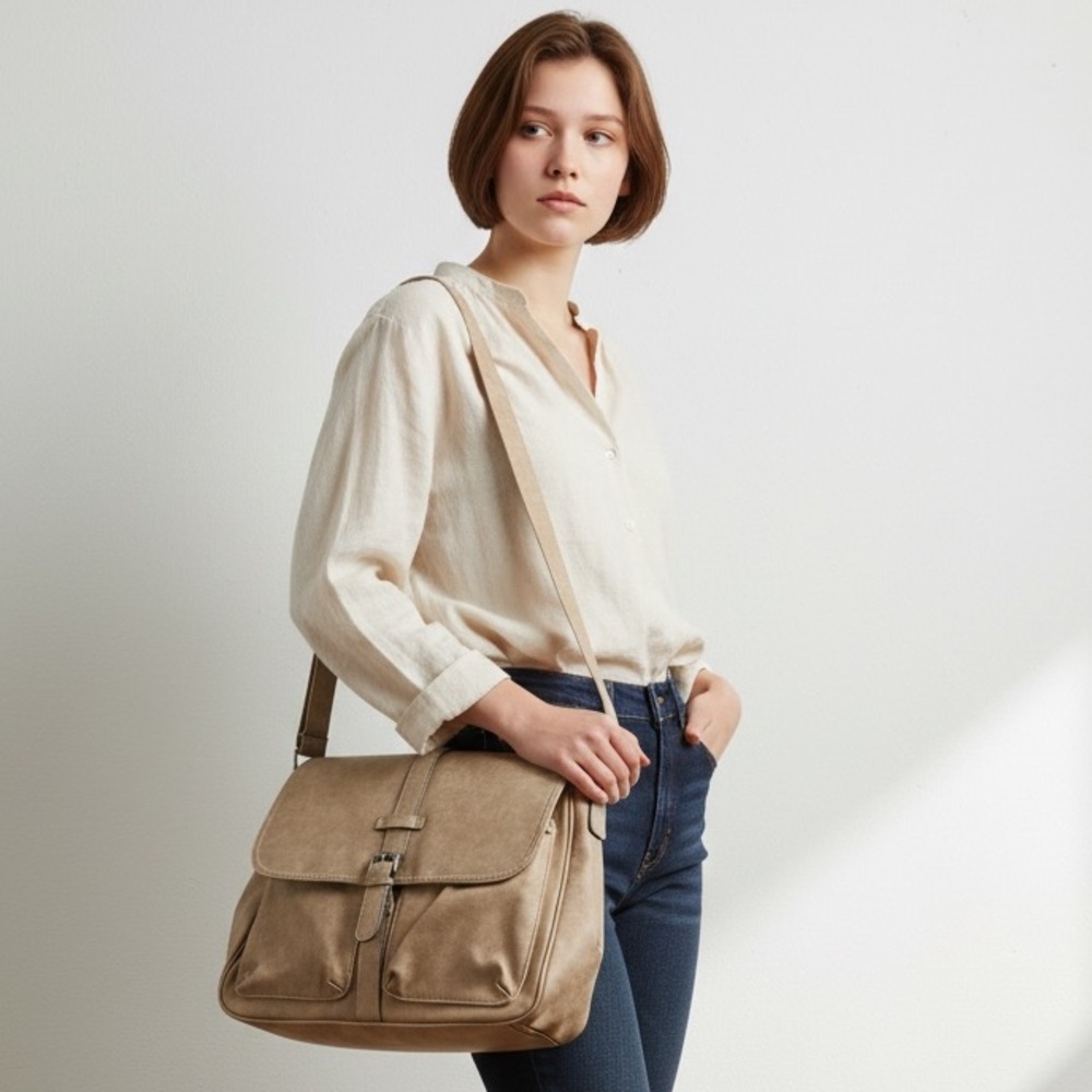 Hobo Crossbody Utility or Shoulder Bag Tan. 
Mid-size Laptop Commuter Bag. EUC